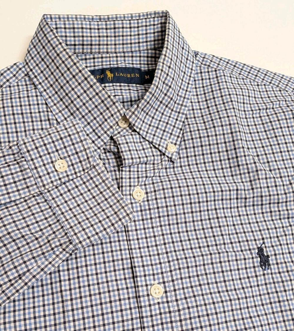 Ralph Lauren Classic Fit Button Down Shirt Men Medium Blue Gingham Cotton Pony